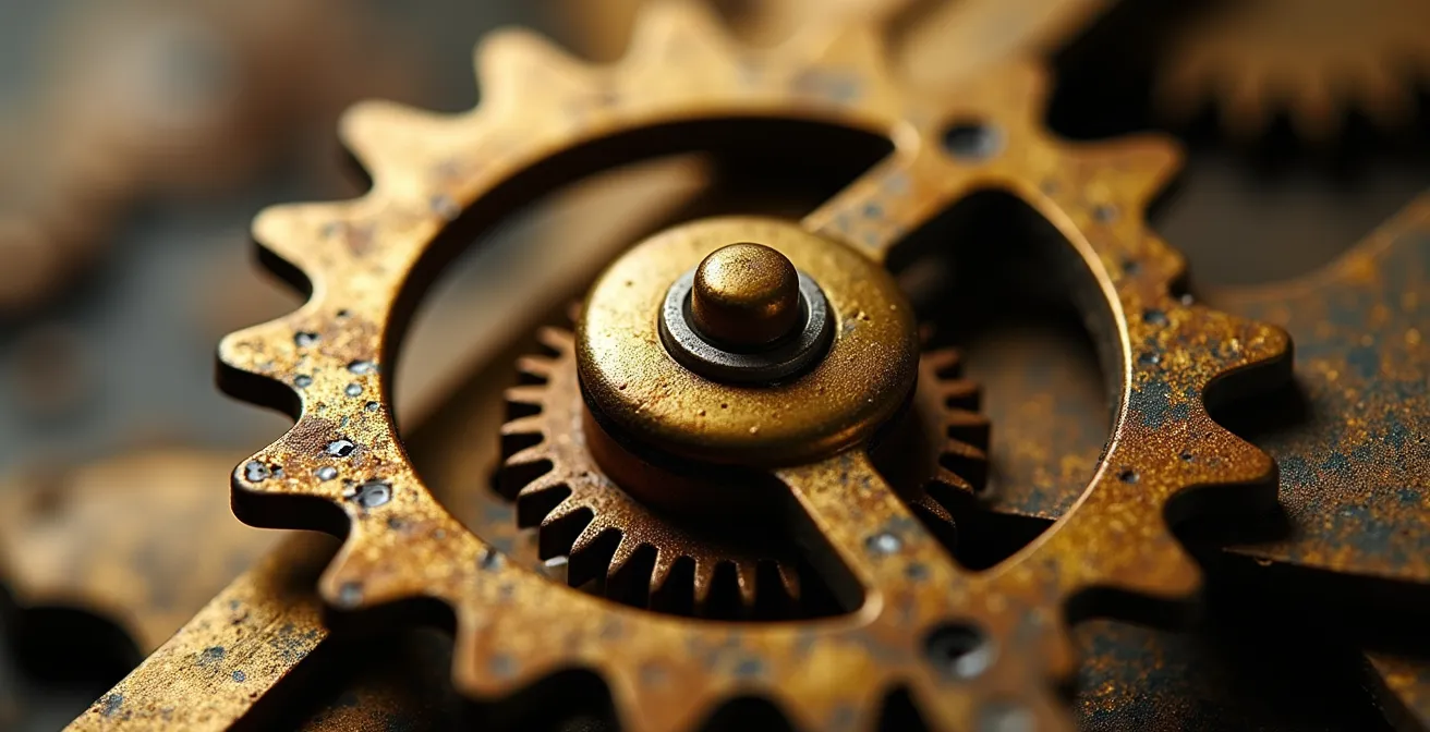 Gros plan sur des mécanismes d'énigmes d'escape game avec textures métalliques