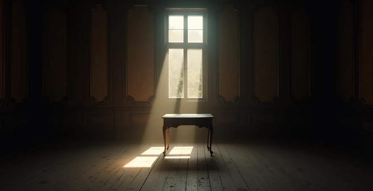 Vue d'ensemble d'un espace d'escape game immersif avec éclairage atmosphérique