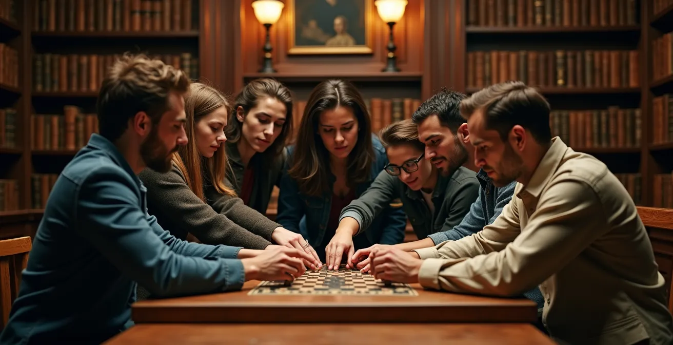 Groupe de joueurs collaborant intensément dans un escape game